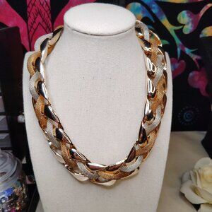 Thalia Sodi Style Chunky Chain Necklace • Tri‑Tone Mesh Links • 17” + Extender